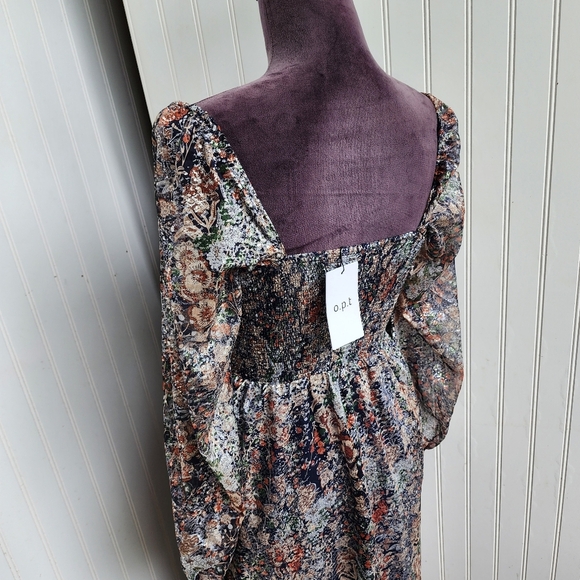 NWT O.P. T Women's Boho Smocked Midi Maxi Dress Navy Flur Floral Shine Sz M - Picture 8 of 13